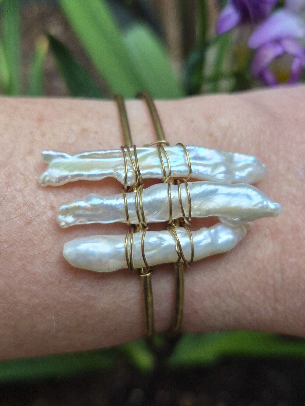 Baroque Biwa Stick Pearls Wire Wrapped Artisan Cuff Bracelet Gold Plated Brass